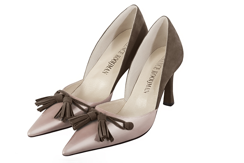Powder pink and taupe brown women's open arch dress pumps. Pointed toe. High slim heel. Front view - Florence KOOIJMAN